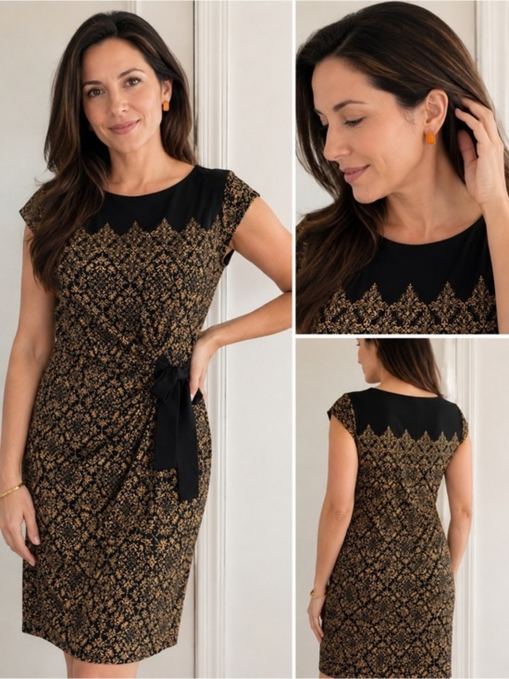 Just...Taylor Black and Gold Tie-Accent Cap Sleeve Midi Dress Sz 14